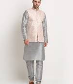Silver Silk Blend Kurta and churidar with Thread Work sequence Yellow Nehru jacket
