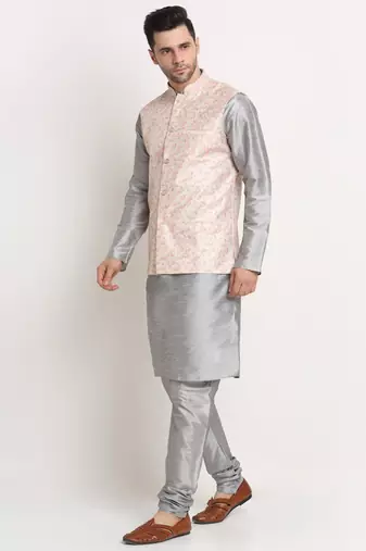 Silver Silk Blend Kurta and churidar with Thread Work sequence Yellow Nehru jacket