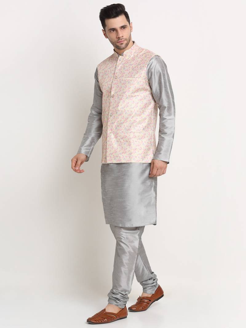 Silver Silk Blend Kurta and churidar with Thread Work sequence Yellow Nehru jacket