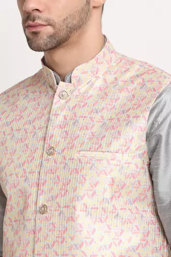 Silver Silk Blend Kurta and churidar with Thread Work sequence Yellow Nehru jacket