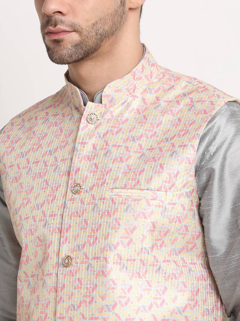 Silver Silk Blend Kurta and churidar with Thread Work sequence Yellow Nehru jacket
