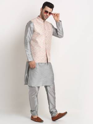 Silver Silk Blend Kurta and churidar with Thread Work sequence Yellow Nehru jacket 4