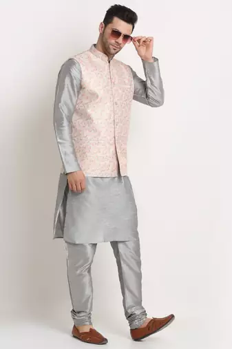 Silver Silk Blend Kurta and churidar with Thread Work sequence Yellow Nehru jacket