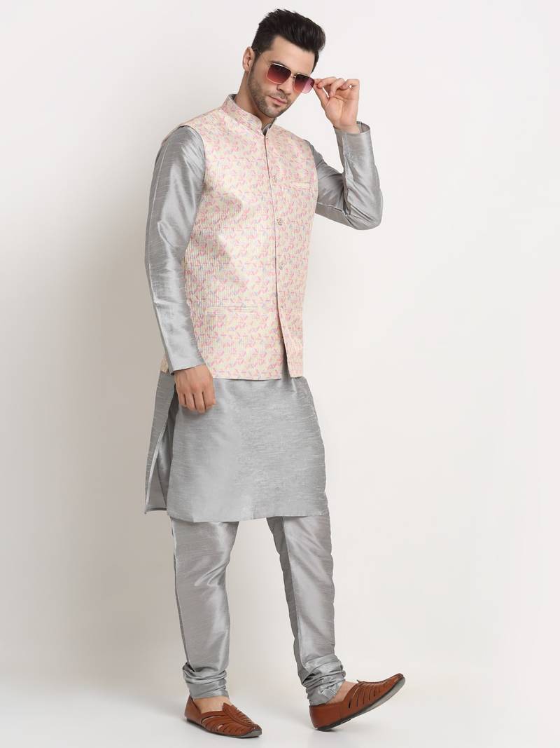 Silver Silk Blend Kurta and churidar with Thread Work sequence Yellow Nehru jacket
