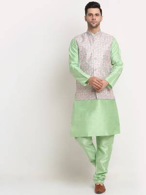 Sea Green Silk Blend Kurta and churidar with Thread Work sequence Green Nehru jacket 1
