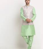 Sea Green Silk Blend Kurta and churidar with Thread Work sequence Green Nehru jacket