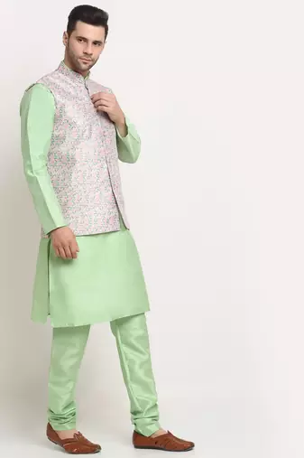Sea Green Silk Blend Kurta and churidar with Thread Work sequence Green Nehru jacket