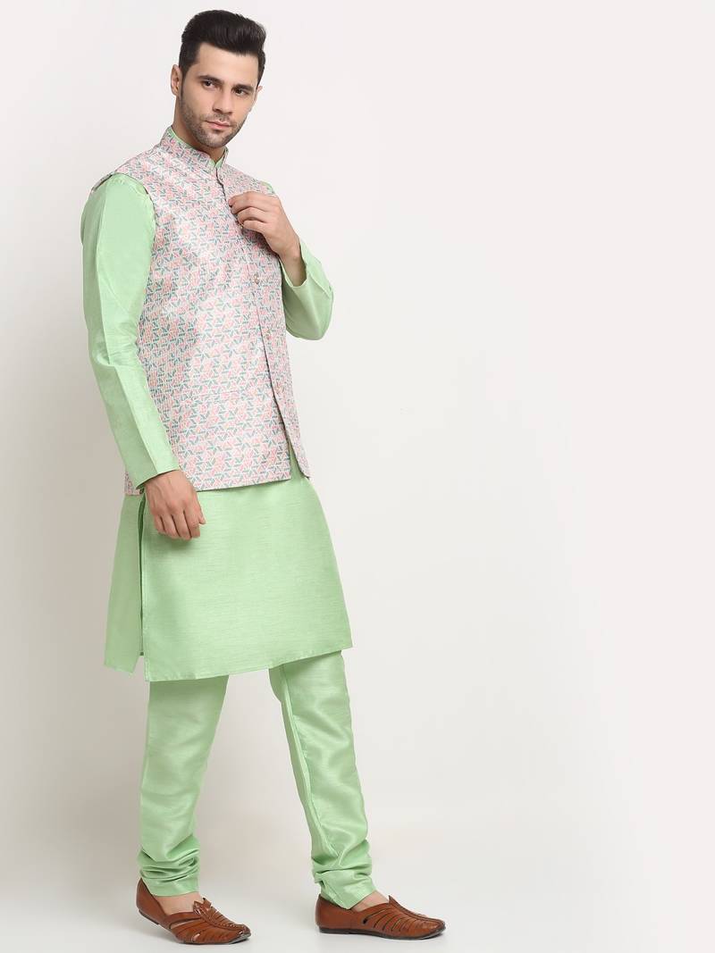 Sea Green Silk Blend Kurta and churidar with Thread Work sequence Green Nehru jacket