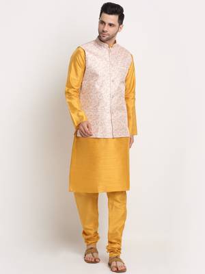 Mustard Silk Blend Kurta and churidar with Thread Work sequence Yellow Nehru jacket 1