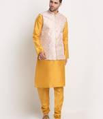 Mustard Silk Blend Kurta and churidar with Thread Work sequence Yellow Nehru jacket