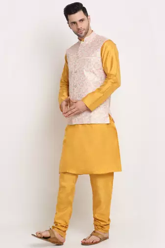 Mustard Silk Blend Kurta and churidar with Thread Work sequence Yellow Nehru jacket