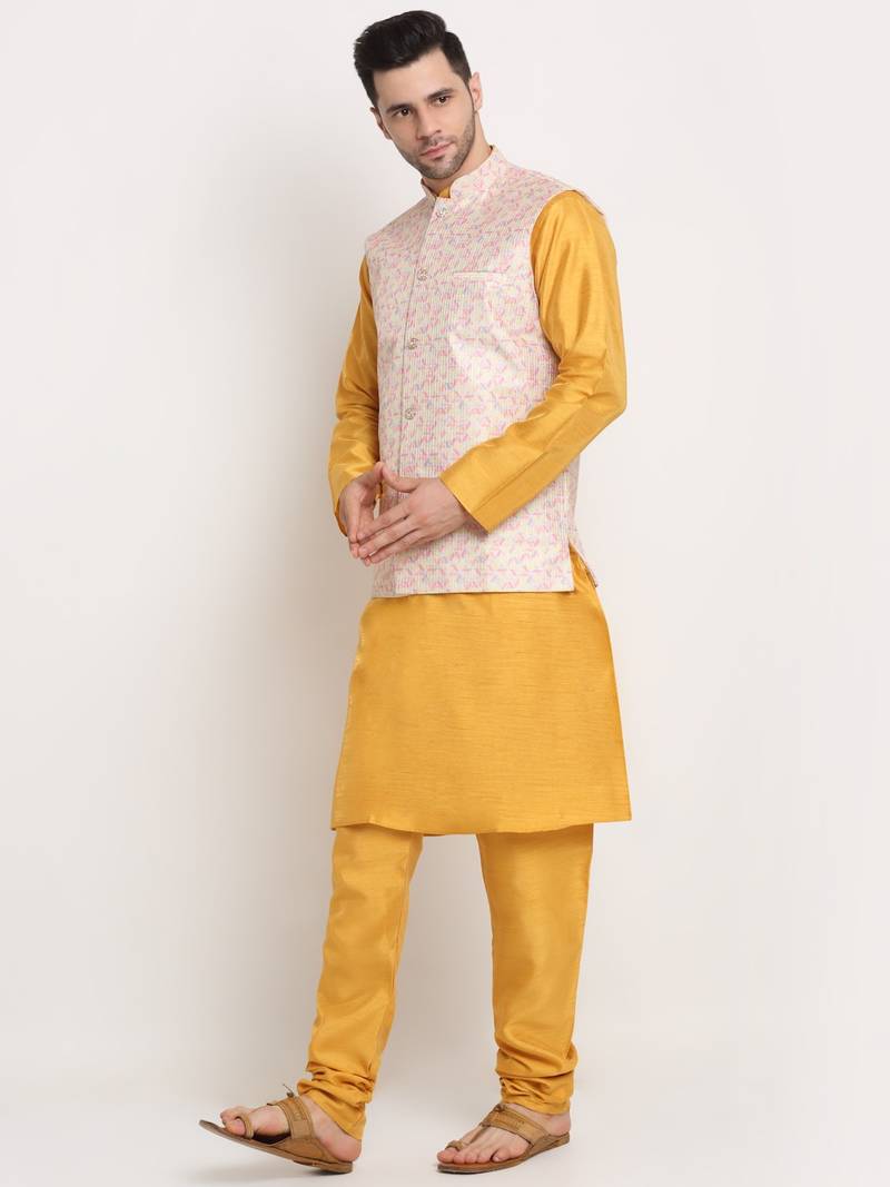 Mustard Silk Blend Kurta and churidar with Thread Work sequence Yellow Nehru jacket
