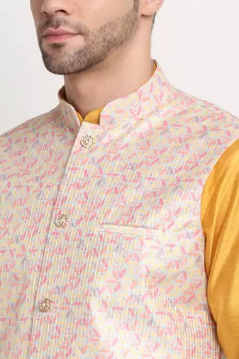 Mustard Silk Blend Kurta and churidar with Thread Work sequence Yellow Nehru jacket
