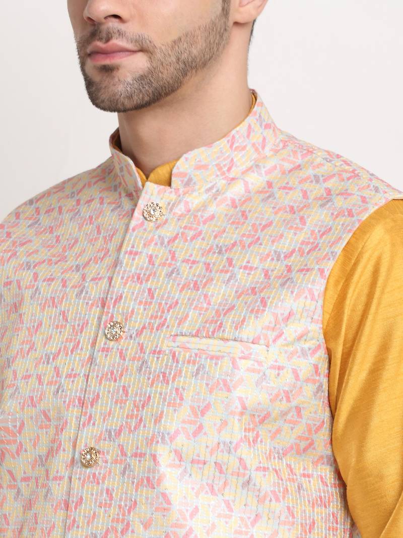 Mustard Silk Blend Kurta and churidar with Thread Work sequence Yellow Nehru jacket