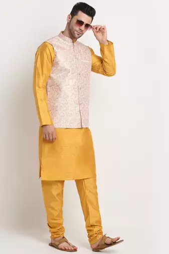 Mustard Silk Blend Kurta and churidar with Thread Work sequence Yellow Nehru jacket