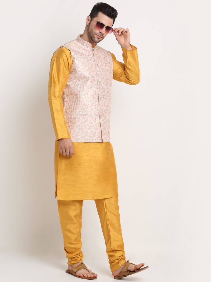 Mustard Silk Blend Kurta and churidar with Thread Work sequence Yellow Nehru jacket