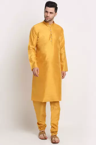 Mustard Silk Blend Kurta and churidar with Thread Work sequence Yellow Nehru jacket