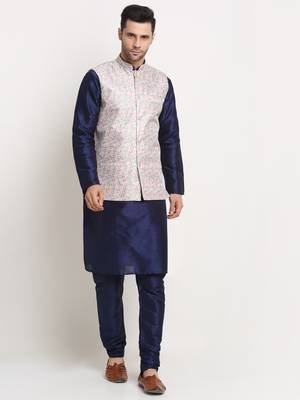 Navy Blue Silk Blend Kurta and churidar with Thread Work sequence Green Nehru jacket 1