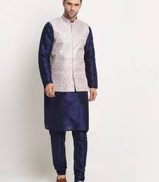 Navy Blue Silk Blend Kurta and churidar with Thread Work sequence Green Nehru jacket