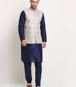 Navy Blue Silk Blend Kurta and churidar with Thread Work sequence Green Nehru jacket
