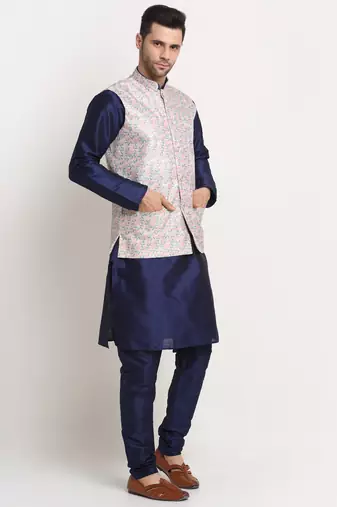 Navy Blue Silk Blend Kurta and churidar with Thread Work sequence Green Nehru jacket