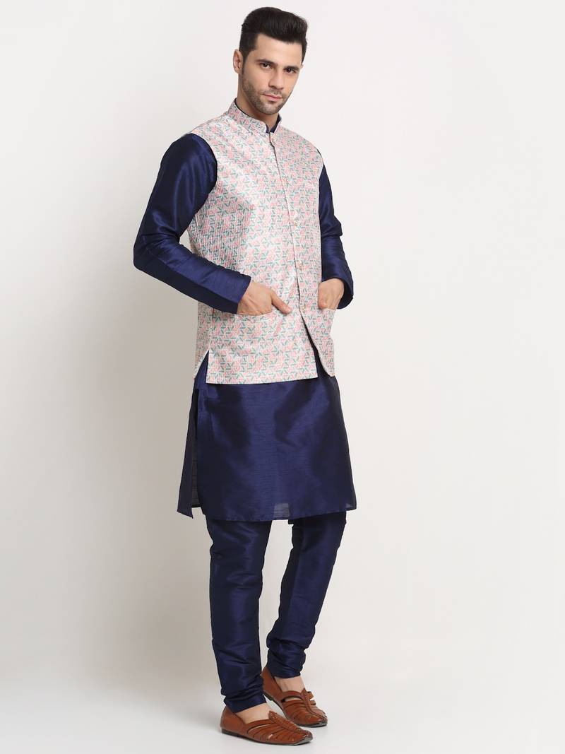 Navy Blue Silk Blend Kurta and churidar with Thread Work sequence Green Nehru jacket