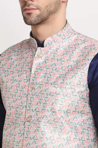 Navy Blue Silk Blend Kurta and churidar with Thread Work sequence Green Nehru jacket