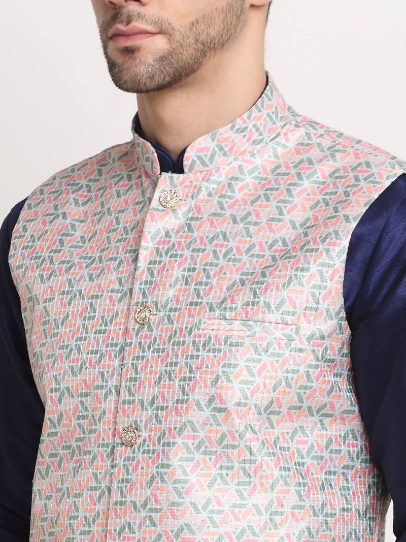 Navy Blue Silk Blend Kurta and churidar with Thread Work sequence Green Nehru jacket