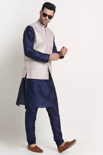 Navy Blue Silk Blend Kurta and churidar with Thread Work sequence Green Nehru jacket