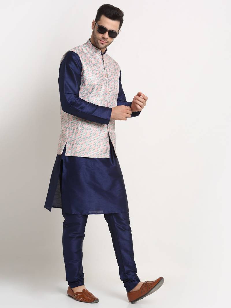 Navy Blue Silk Blend Kurta and churidar with Thread Work sequence Green Nehru jacket