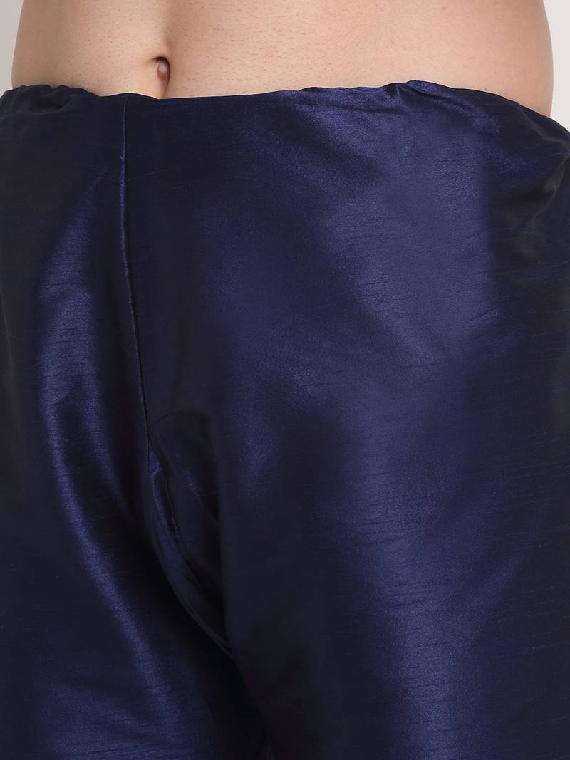 Navy Blue Silk Blend Kurta and churidar with Thread Work sequence Green Nehru jacket