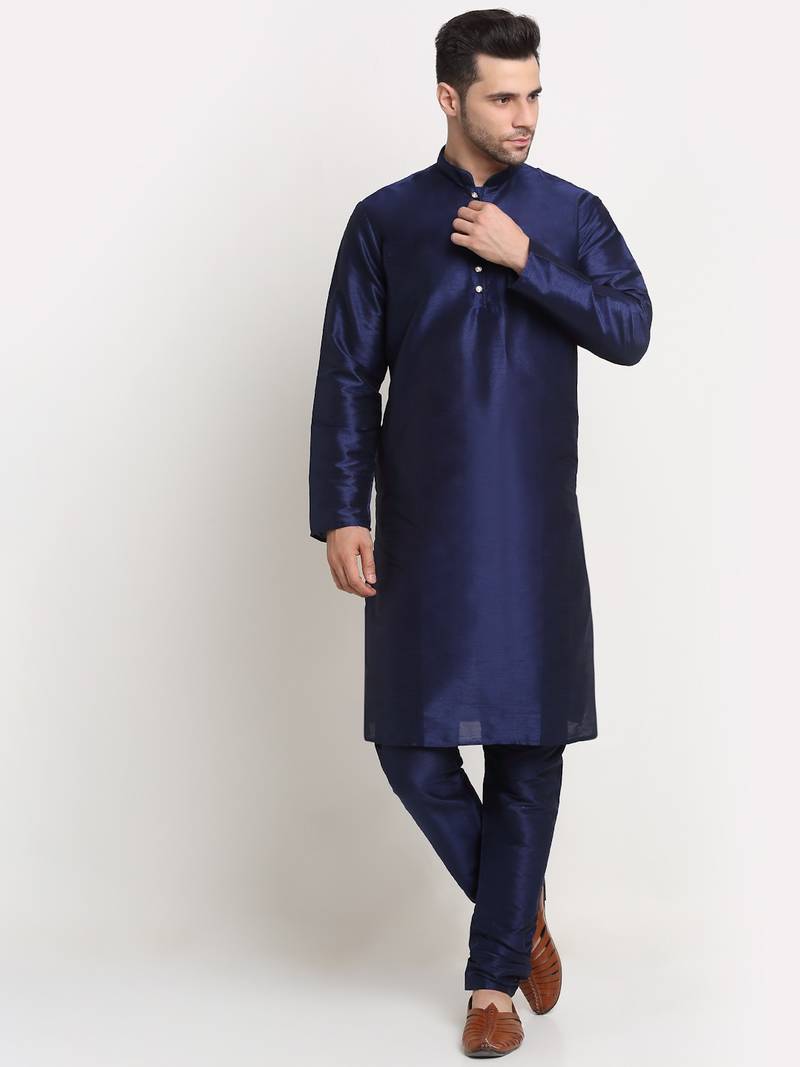 Navy Blue Silk Blend Kurta and churidar with Thread Work sequence Green Nehru jacket