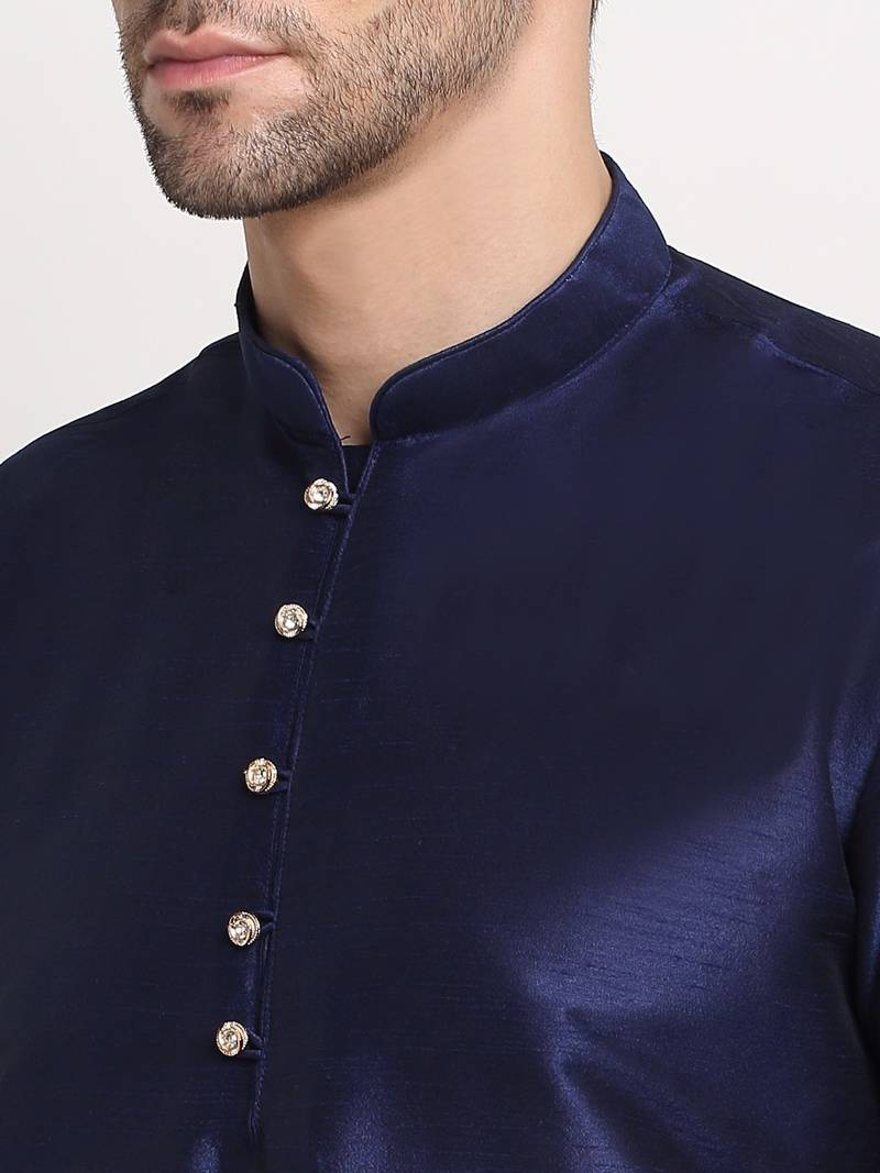 Navy Blue Silk Blend Kurta and churidar with Thread Work sequence Green Nehru jacket