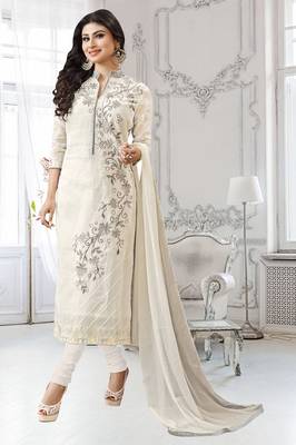 White Embroidered Faux Cotton Unstitched Salwar With Dupatta 6