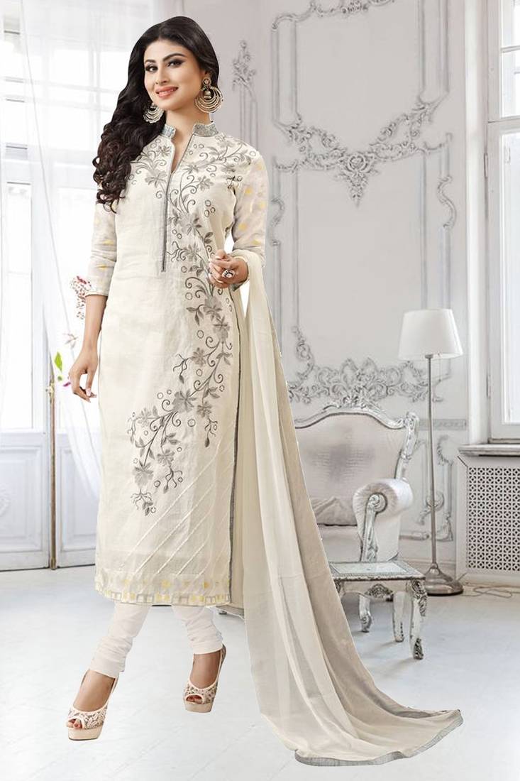 White Embroidered Faux Cotton Unstitched Salwar With Dupatta