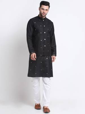 Men Ruby Cotton Sequence Embroided Black Kurta Trouser with Black Nehru Jacket Set 1