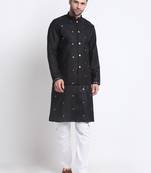Men Ruby Cotton Sequence Embroided Black Kurta Trouser with Black Nehru Jacket Set