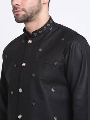 Men Ruby Cotton Sequence Embroided Black Kurta Trouser with Black Nehru Jacket Set 2