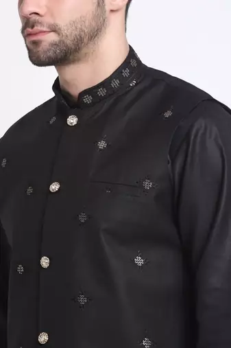 Men Ruby Cotton Sequence Embroided Black Kurta Trouser with Black Nehru Jacket Set