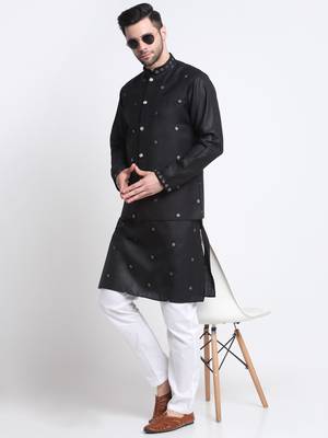 Men Ruby Cotton Sequence Embroided Black Kurta Trouser with Black Nehru Jacket Set 3