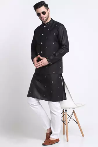 Men Ruby Cotton Sequence Embroided Black Kurta Trouser with Black Nehru Jacket Set