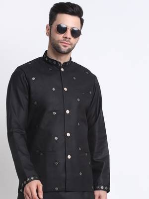 Men Ruby Cotton Sequence Embroided Black Kurta Trouser with Black Nehru Jacket Set 4