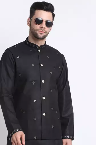 Men Ruby Cotton Sequence Embroided Black Kurta Trouser with Black Nehru Jacket Set