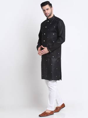 Men Ruby Cotton Sequence Embroided Black Kurta Trouser with Black Nehru Jacket Set 5