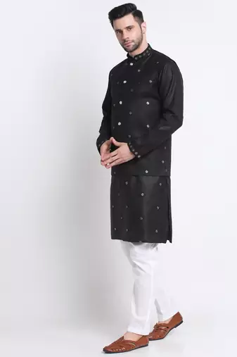 Men Ruby Cotton Sequence Embroided Black Kurta Trouser with Black Nehru Jacket Set