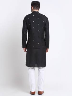 Men Ruby Cotton Sequence Embroided Black Kurta Trouser with Black Nehru Jacket Set 6