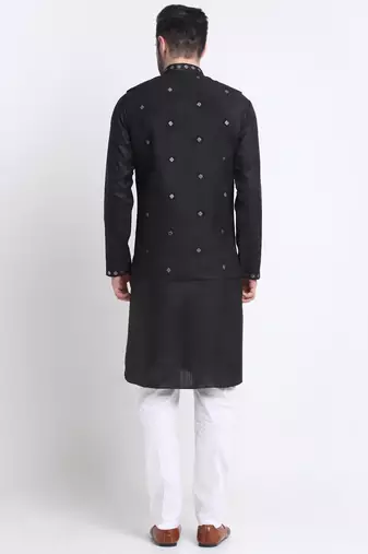 Men Ruby Cotton Sequence Embroided Black Kurta Trouser with Black Nehru Jacket Set