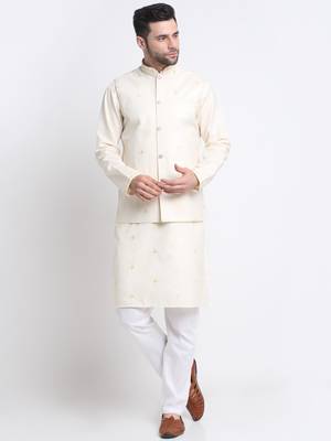 Men Ruby Cotton Sequence Embroided Cream Kurta Trouser with Cream Nehru Jacket Set 1