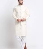 Men Ruby Cotton Sequence Embroided Cream Kurta Trouser with Cream Nehru Jacket Set