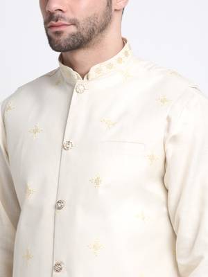 Men Ruby Cotton Sequence Embroided Cream Kurta Trouser with Cream Nehru Jacket Set 2